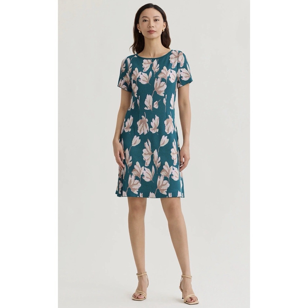 Misook Short Sleeve A-Line Floral Soft Knit Dress M‎ Spruce Teal Wedding Guest